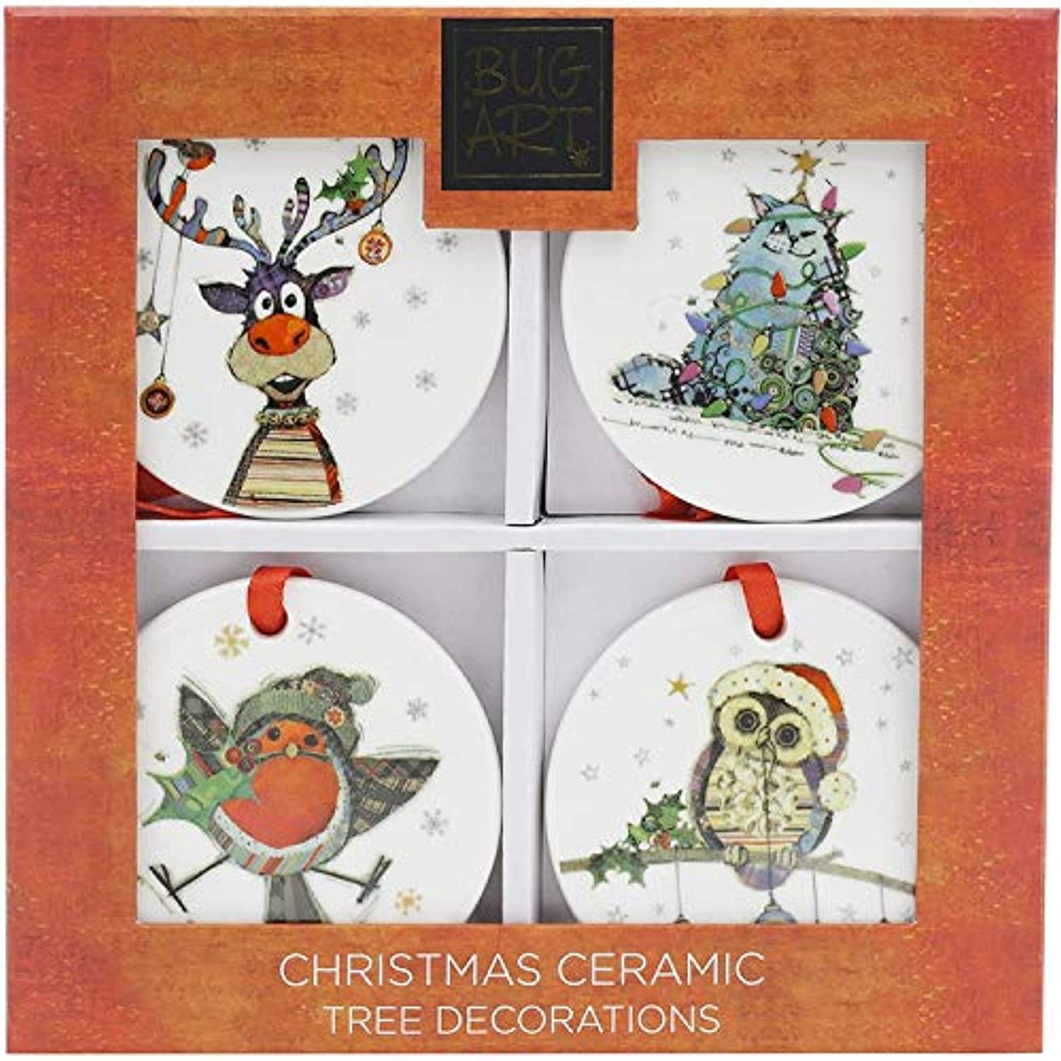 Bug Art Kooks Ceramic Xmas Christmas Tree Decorations Set of 4 Cat Owl Reindeer Robin