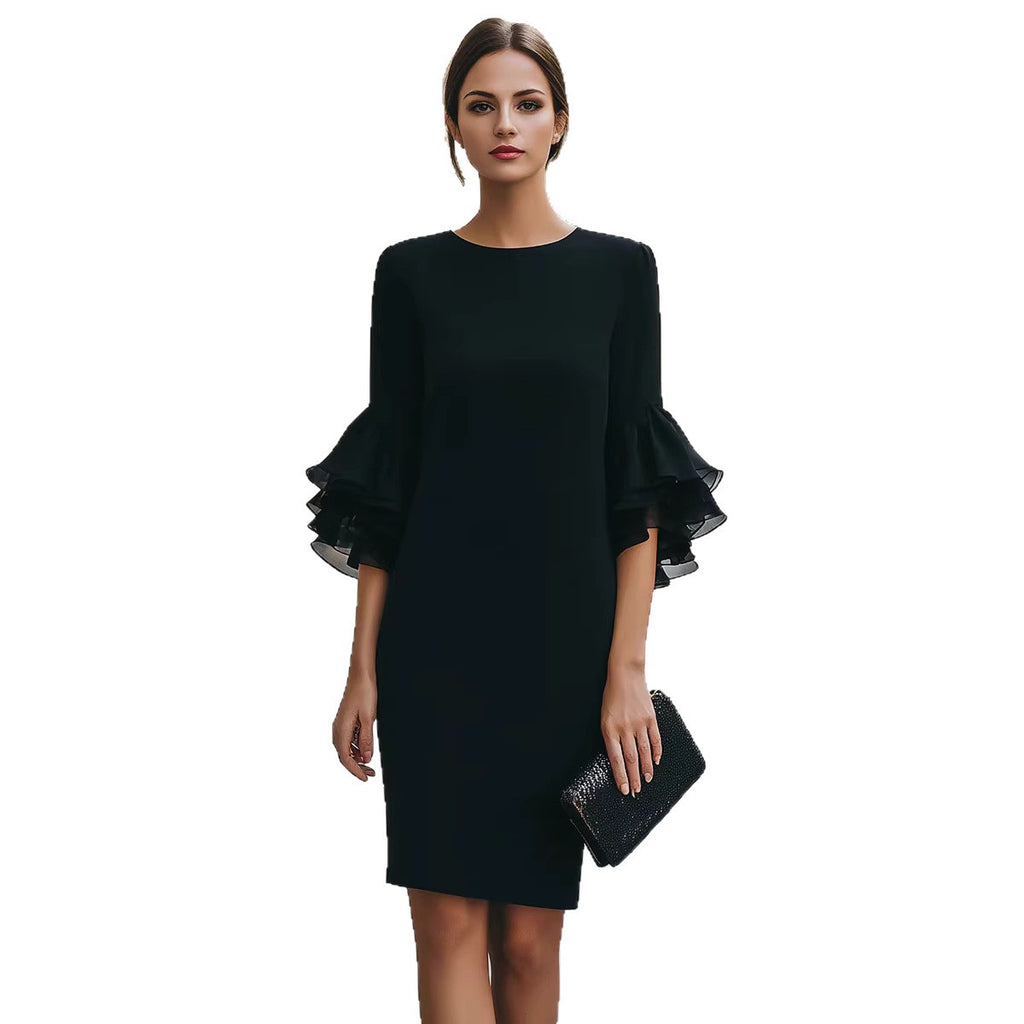 Womens Solid-Colored Ruffle-Trim Flared-Sleeve Slim-Fit Dress