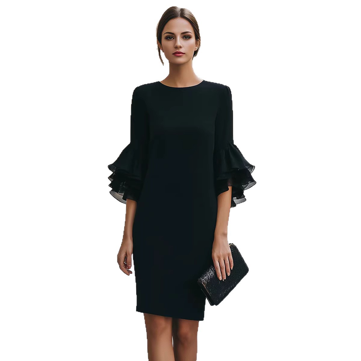 Womens Solid-Colored Ruffle-Trim Flared-Sleeve Slim-Fit Dress