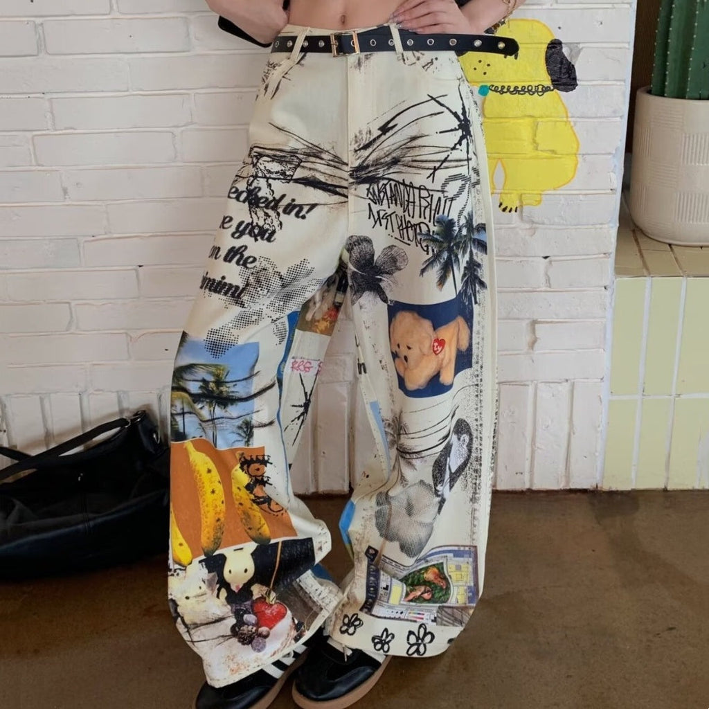 American-style Retro High-waist Women's Denim Jeans With A Fun Printed Design