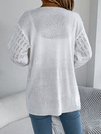 Women Solid Color Hollow Out Lantern Sleeve Long Sleeve Cardigan Sweater Coat