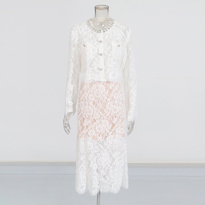 Round Neck Diamond Lace Embroidered Top High Waist Skirt Suit