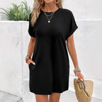 Women's Solid-color Loose-fitting Round-neck Dress With Pockets
