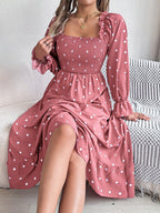 Women's Scalloped Hem Square Neck Polka Dot Flared Maxi Dress