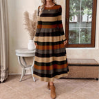 Women's Casual Crew-Neck Colorblock Striped Maxi Dress