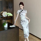 Women's Retro Republic Of China-Style Floral Print Slit Pleated Dress