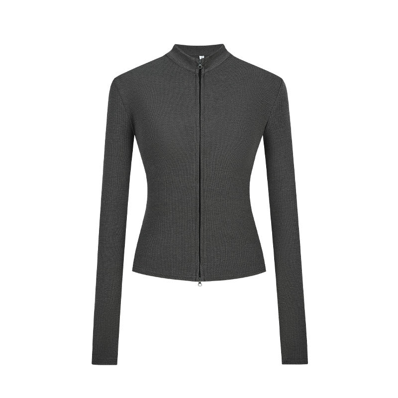 Stand-up Collar Slim-fit Waist-cinching Cardigan Top