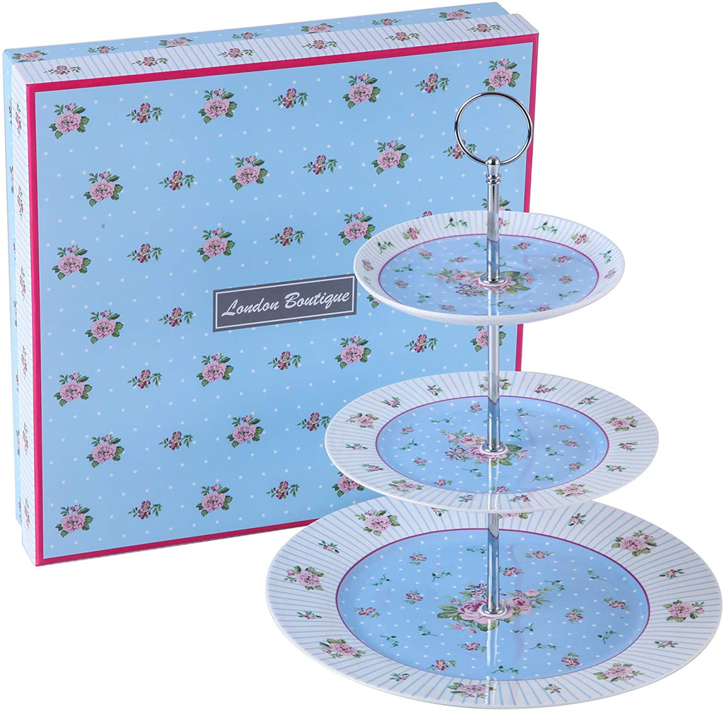 Gift For Mum/ Dad Coronation Family Party Set Special 3 Tier Cake Stand Teapot Milk Jug 2 Cups 2 Saucers (Blue Rose)