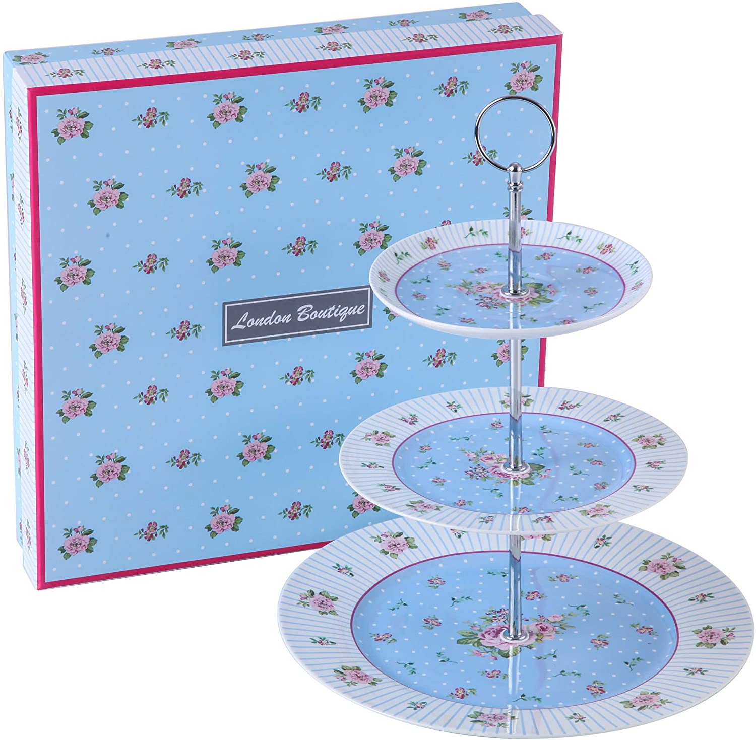 Gift For Mum/ Dad Coronation Family Party Set Special 3 Tier Cake Stand Teapot Milk Jug 2 Cups 2 Saucers (Blue Rose)