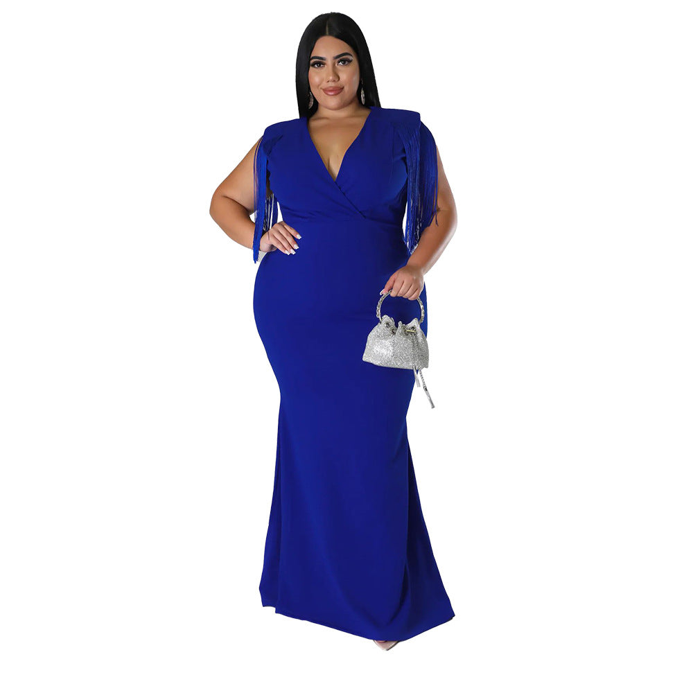 Women's Plus-Size Tassel V-Neck Long-Sleeve Slim-Fit Dress