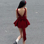 Luxurious Open-back Patchwork Bow-knot Vest Dressstylish High-waisted Figure-hugging A-line Mini Skirt