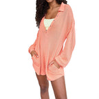 Long Sleeve Solid Color Pocket Jumpsuit Casual Home Wear