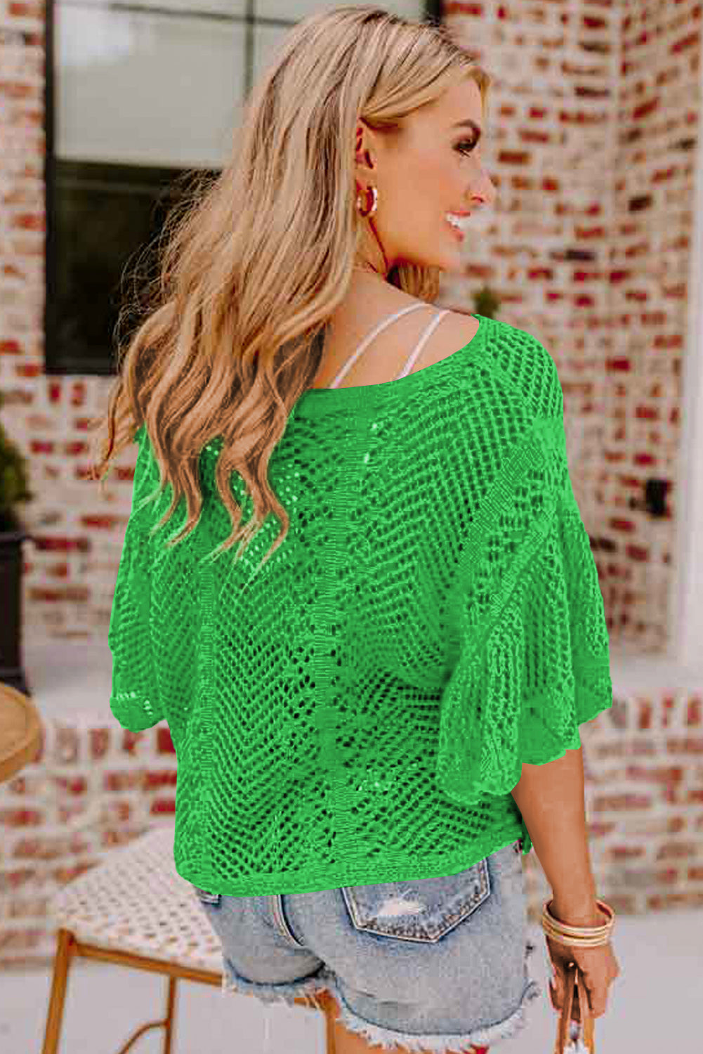 Green Pointelle Knit Scallop Trim Blouse Women UK