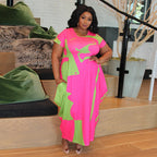 Women's Plus-Size Printed Crew-Neck Long Creative Dress