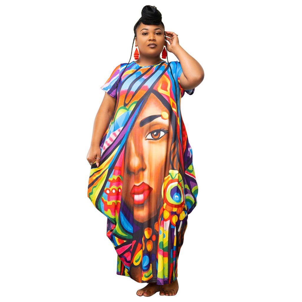 Women's Printed Plus-Size Loose-Fit Maxi Dress With Pockets