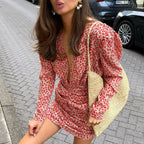 New AutumnWinter French-style Retro Floral Print Deep-V Neck Dress