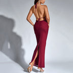 Sexy Backless Boat-neckline Halter Strap Slit Maxi Dress