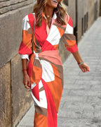 Fashion Printed Shirt Dress With Belt Slim Fit Three-quarter Sleeve Lapel Dress For Women Clothing