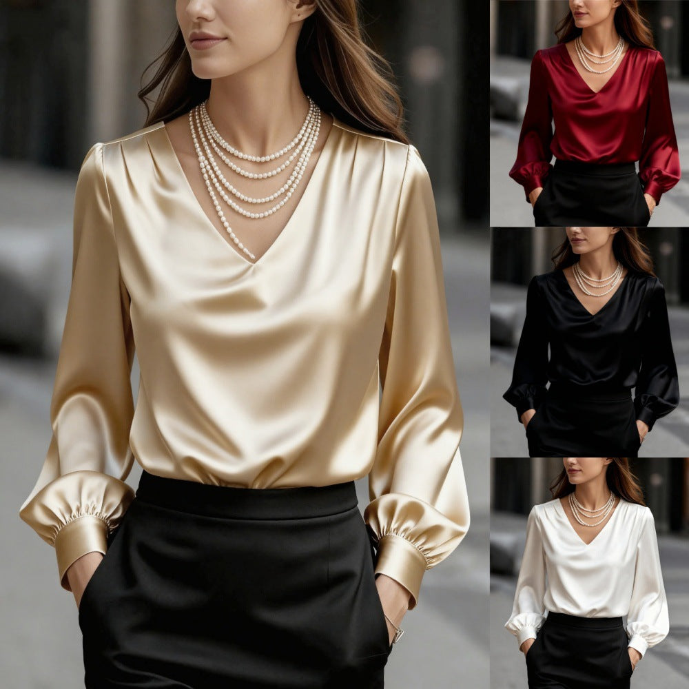 French-style Elegant And Sophisticated Satin Long-sleeve Blouse With Bubble Sleeves And A V-neck