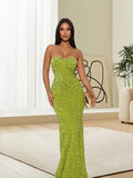 Women's Solid Color Strapless Zipper Velvet Sequin Bodycon Dress