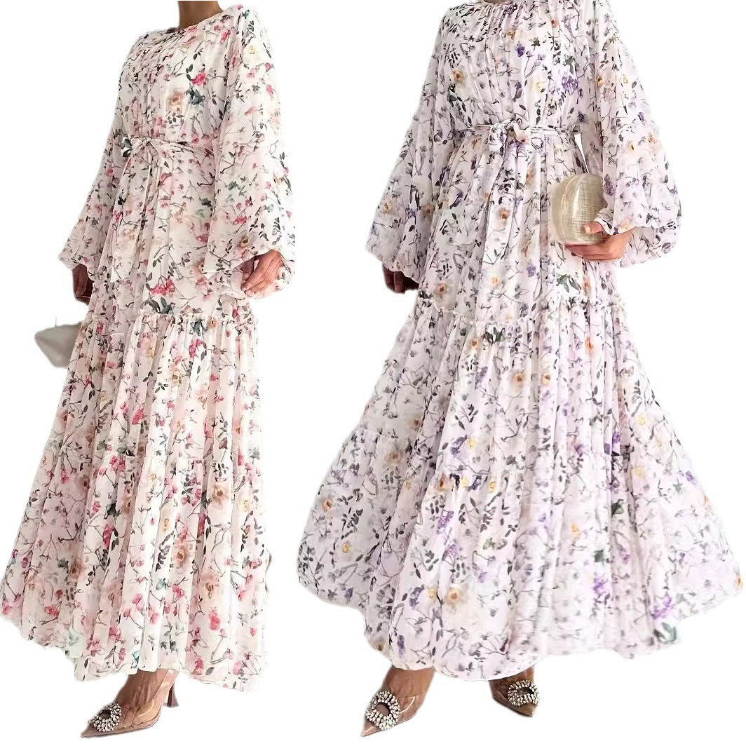 Chiffon Floral Dress With Belt Long Length Stylish And Elegant