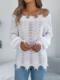 Women Solid Color Hollow Out Long Sleeve Distressed Off-Shoulder Pullover Sweater