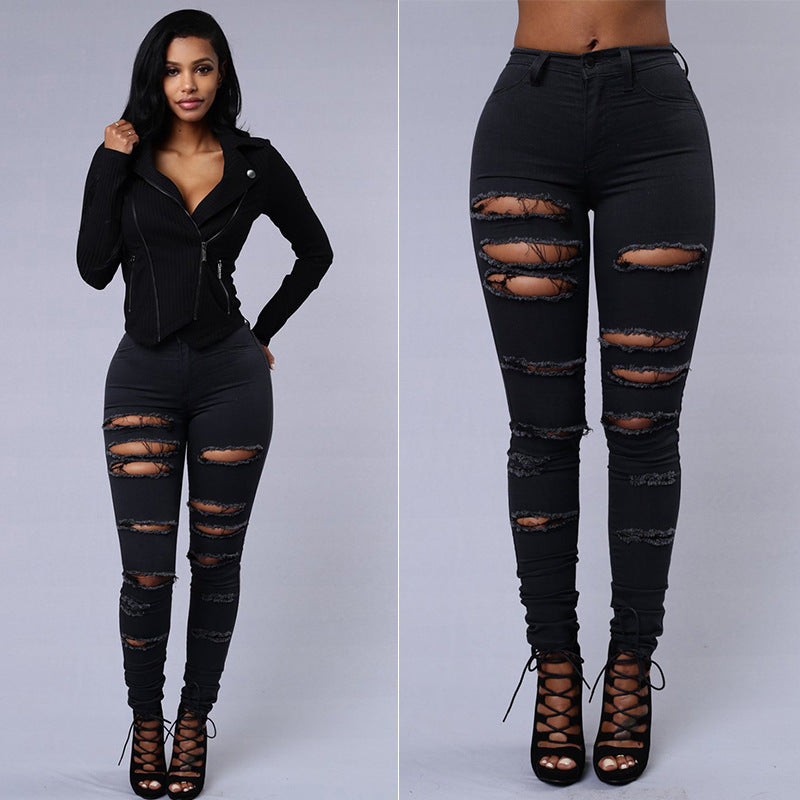 Women's High Waist Ripped Jeans - Distressed Skinny Denim Trousers | Casual Stretch Pencil Pants