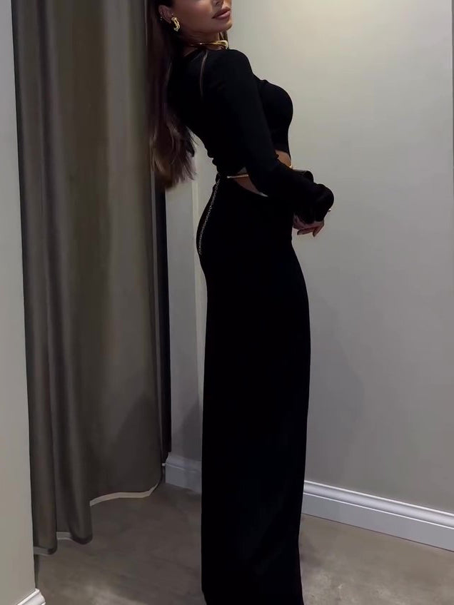 Black Cutout Waist Long-Sleeve Maxi Dress-Includes Waist Chain