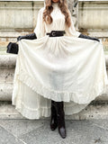 White Long-sleeved Ruffled Tie Dress