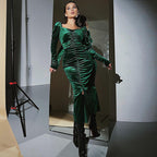 Women's Pleated Slim Fit Slit Long-sleeved Dress