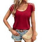 European And American-style Short-sleeve Knitted Top With Openwork