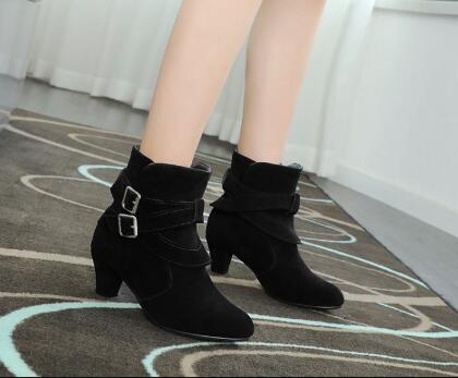 Women's Suede Ankle Boots | High Heel Martin Boots with Buckle & Side Zip