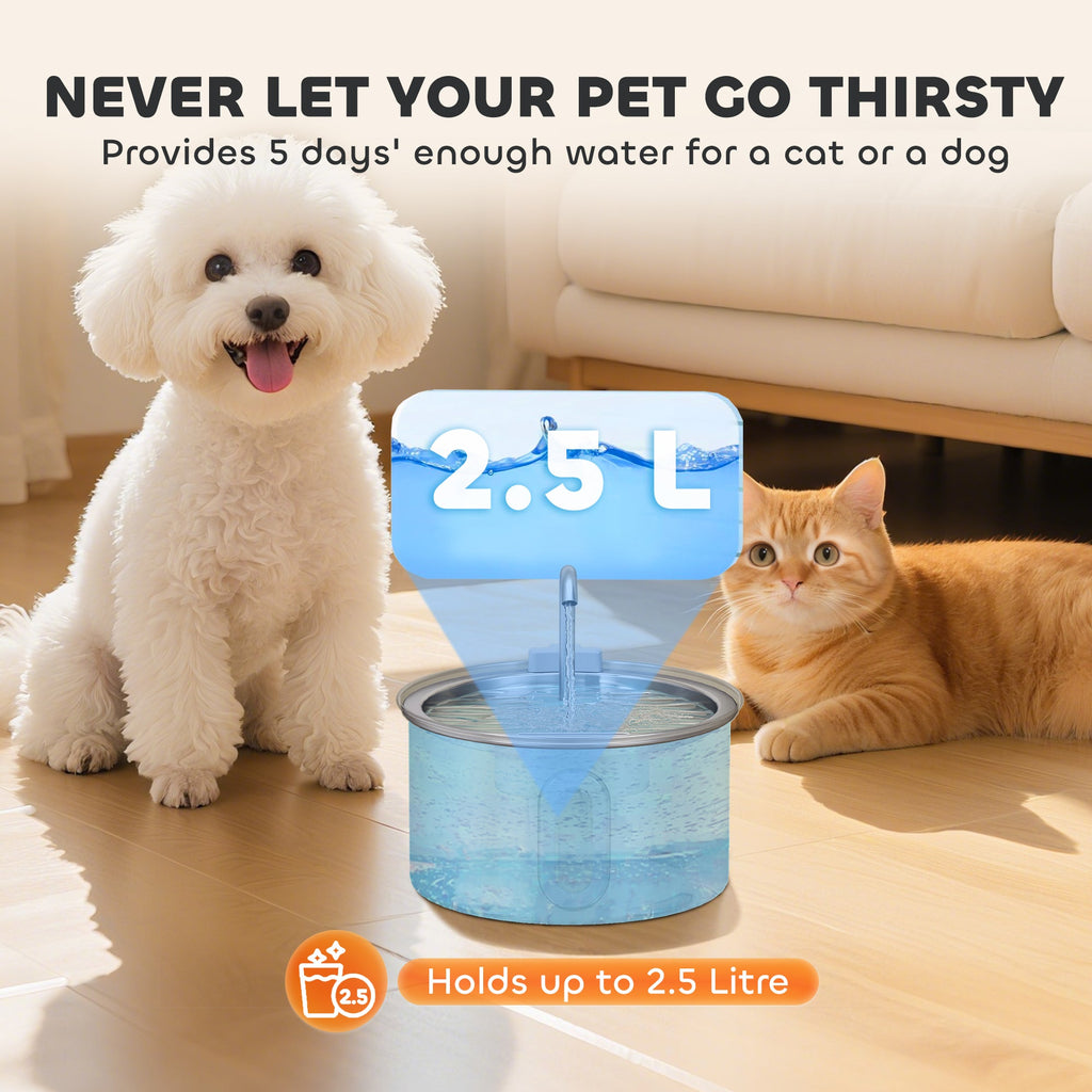 PawHut 2.5L Stainless Steel Cat Water Fountain for Drinking with Ultra-Silent Pump, Water-Level Window, Filters