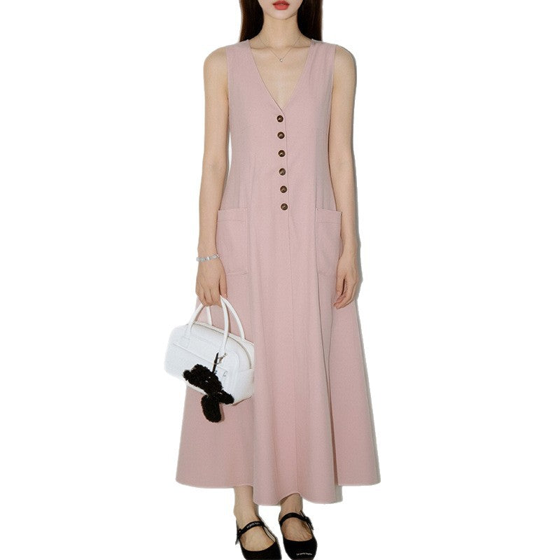 Women's Stylish & Elegant Solid-Color V-Neck Button-Up Dress