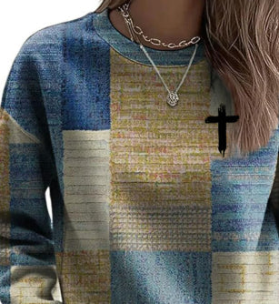 AutumnWinter Womens New Plaid Print Crew Neck Sweatshirt