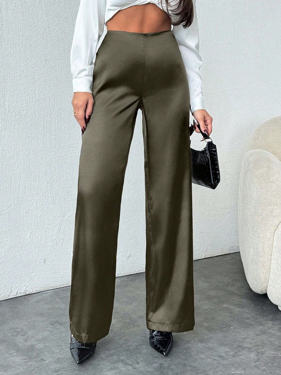 Women's Solid-Colored Casual Loose Satin Wide-Leg Pants