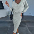 Women's Two Piece Dress Suit Fashion Long-sleeved  V-neck Pullover Sweatshirt And Sleeveless Dresses Set
