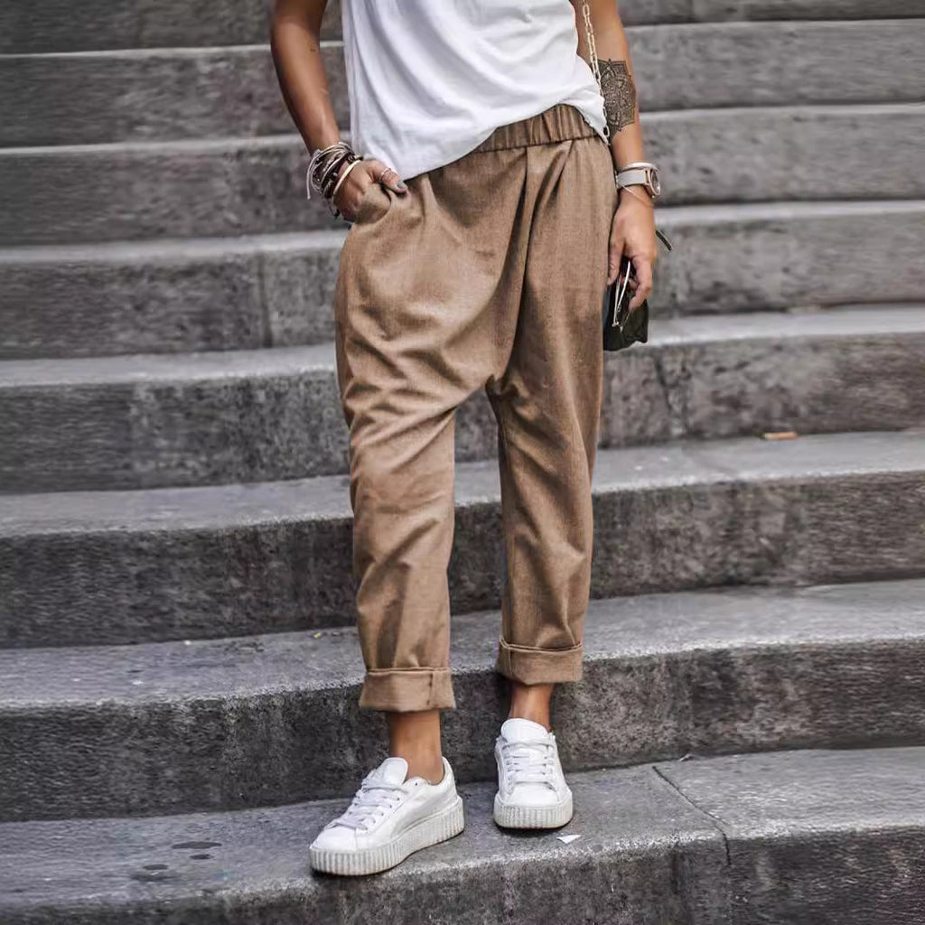 Women's Casual Pants With Pockets Elastic High Waist Harem Trousers Fashion Streetwear Clothing