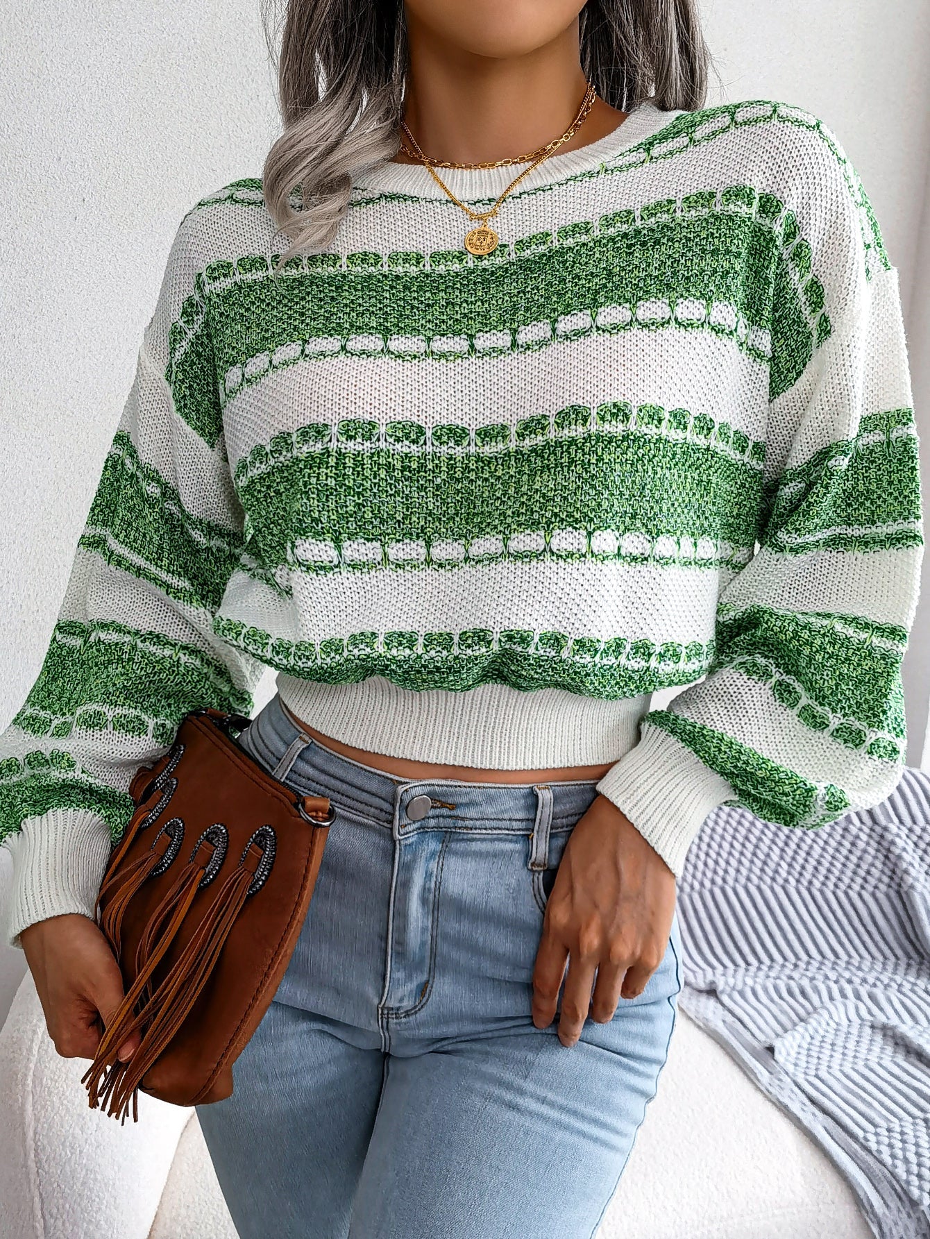 Women Fashion Color Block Long Sleeve Knit Sweater