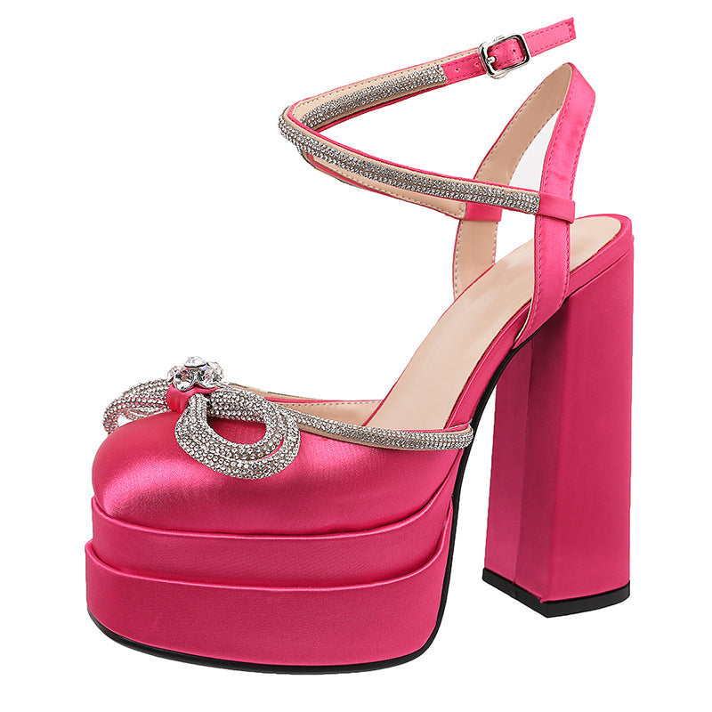 Women's Square Toe Heel Double Platform Thick High Heel Bow Large Size Hollow Sandals