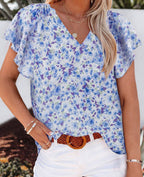 Blue Flutter Sleeve V Neck Floral Summer Blouse