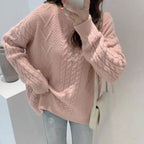 Thick Hemp Flowers Knitted Round Neck Sweater Retro Loose Top