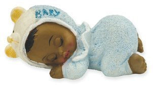 CAKE TOPPER RESIN SLEEPING BLACK BABY BOY IN BLUE FROM CLUB GREEN