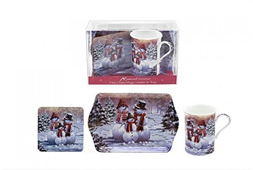 CHRISTMAS/XMAS SNOWMAN FINE BONE CHINA MUG COASTER & TRAY SET NEW