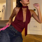 Deep V-neck Ruched Slim-fit Backless Short Womens Top