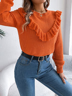 Women Elegant Solid Color Ruffled Long Sleeve Pullover Sweater