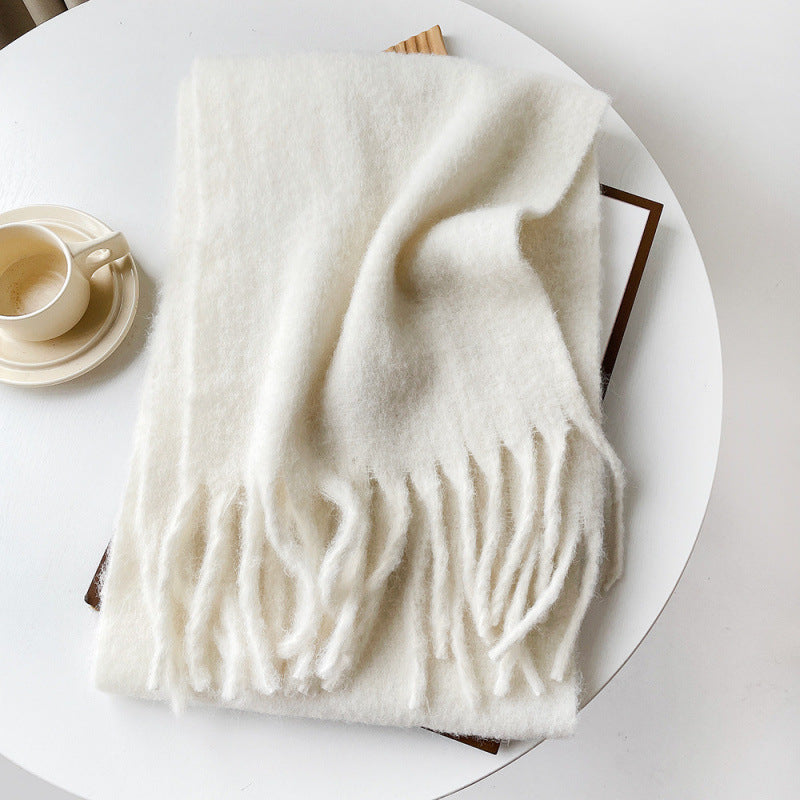 Mellard Merino Wool Korean-Style Relaxed-Feel Solid-Color Brushed Warm Scarf For Women