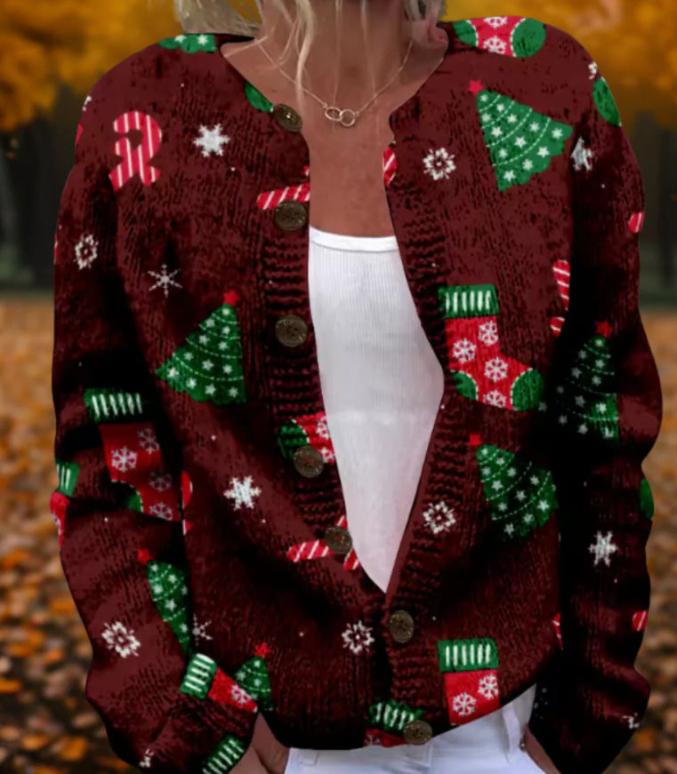 Round Neck Sweater Christmas Button Cardigan Long Sleeve Sweater