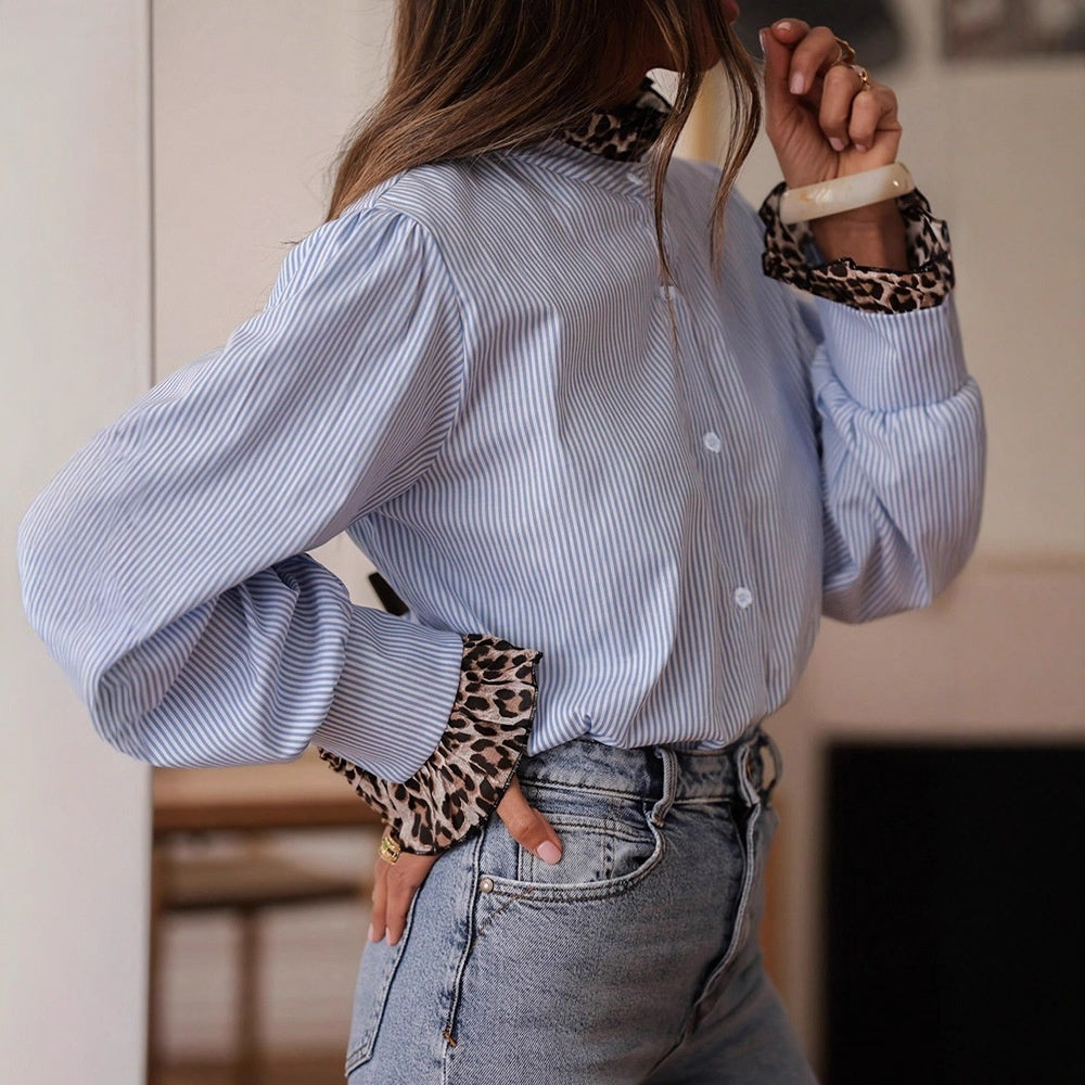 Women's Elegant Casual Striped Leopard-Print Patchwork Blouse