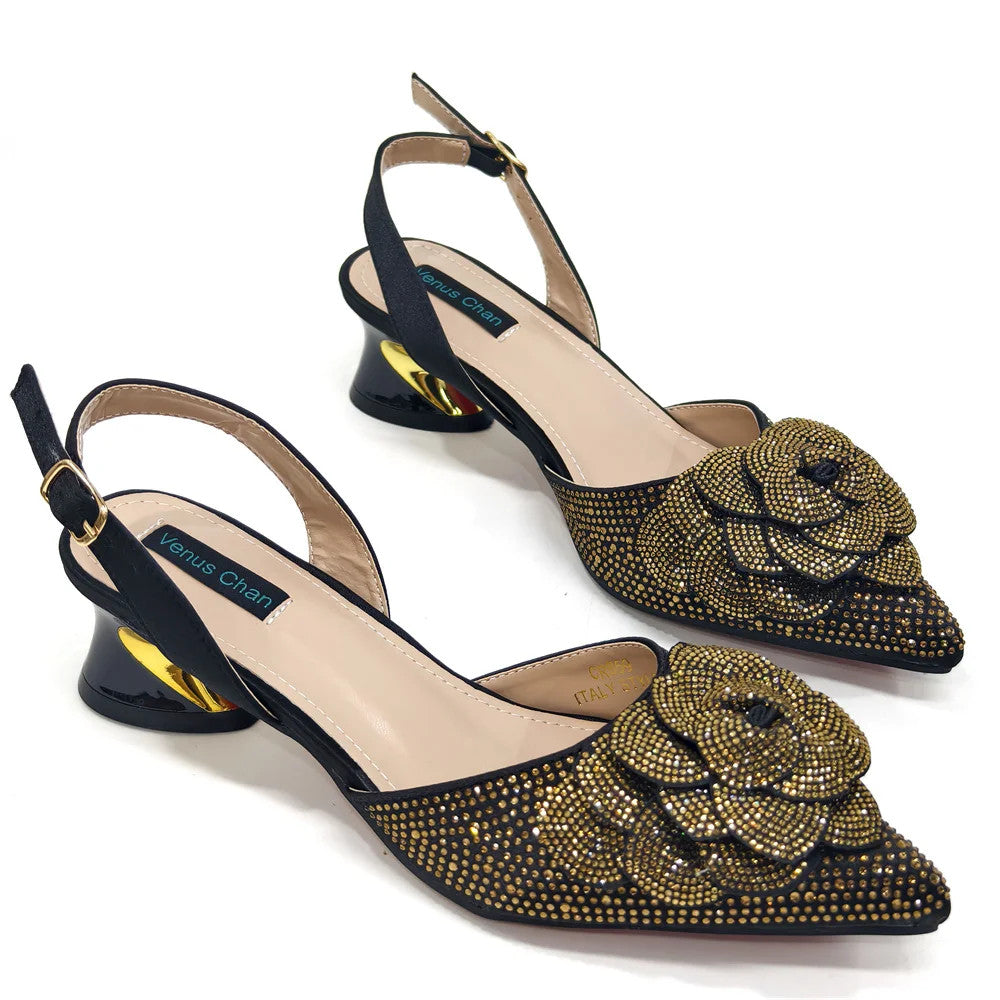 Women's Pointed-Toe Large Flower Decoration Rhinestone Low Heel Italian Shoes